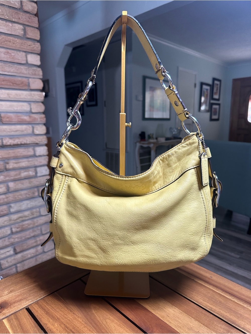 Coach Zoe Yellow Leather Hobo Shoulder Bag with Silver Hardware